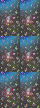 Mavi ve gri renkli küçük çiçekler ve mavi ve gri renkli komik böcekler, raster deseni, illüstrasyon.