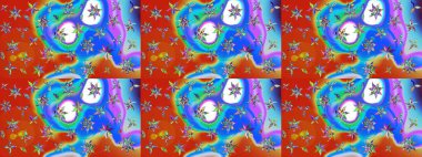 Mavi ve turuncu renkli yaz çiçekleri. Çiçekli karalama şeklinde Raster çiçek deseni. Raster illüstrasyonu.