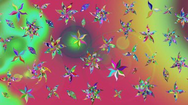 Flowers on green and pink colors. In asian textile style. Raster illustration. Raster illustration. Sketch flowers pattern.