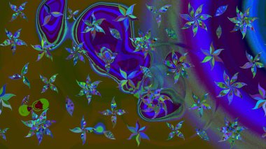 Raster illustration. In asian textile style. Raster illustration. Flowers on brown and blue colors. Sketch flowers pattern.