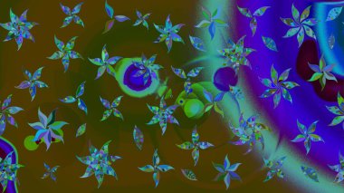 Raster illüstrasyonu. Kahverengi ve mavi renkli Asya tekstili. Suluboya çiçekli çiçek deseni.