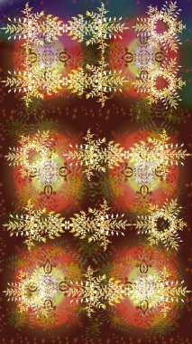 Winter brown, orange and yellow christmas snow flat crystal element. Weather illustration ice collection. Xmas frost snow flake isolated silhouette symbol. Raster design. Snowflake raster background.