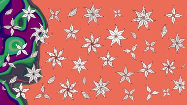 Flowers on orange and neutral colors. Raster illustration. Floral sketch pattern background, with strokes and splashes, summer flowers.