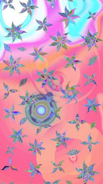 Poster ya da kapak için arka plan. Tekstil için figür. Şirin, zarif çiçekler Raster illüstrasyonu. Davetiye ve kartpostal tasarımı için dekoratif çiçek unsurları. Yapraklı çizim deseni.