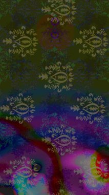 In asian textile style. Raster illustration. Sketch flowers pattern. Flowers on gray and blue colors. Raster illustration.