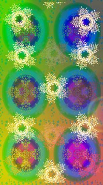 Renkli kar taneleri Raster çizimi. Raster yeşili, sarı ve mavi kar tanelerinden izole edilmiş. Güzel kış süsleri..