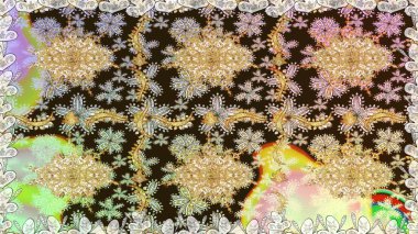 Çizgi sanatı tasarım şablonu için kusursuz sınır. Doğu tarzı element. Altın desenli çiçek dekoru. Davetiyeler, kartlar, web sayfası için Raster illüstrasyon. Kahverengi renklerde altın element.