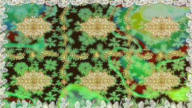 Doğulu stil, altın elementli yeşil renkli altın desenli arabesk yapar. Kusursuz kıvırcık saçlar. Raster altın desen.