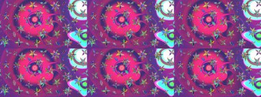 Raster floral pattern in doodle style with flowers. Raster illustration. Gentle, spring floral on purple and violet colors.