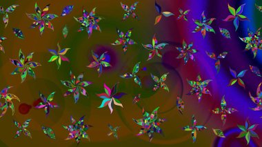 Raster illüstrasyonu. Asya tekstil tarzında. Raster illüstrasyonu. Çiçek desenli çizim. Kahverengi ve yeşil renkte çiçekler.