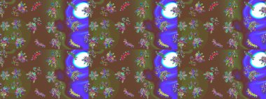 İşlemeli çiçekli, dikişsiz desen. Renkli grunge soyut arka planda colokahverengi, yeşil ve menekşe çiçekleri ile zenginleşir. İzler, kumaş, duvar kağıtları, tekstil için raster dokusu.