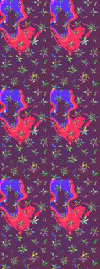 Raster çiçek desenli çiçek deseni, yapraklar, dekoratif elementler, sıçrama, lekeler, el çizimi kontur çizgileri ve Doodle çizim stili, grafik raster çizim çizimi.