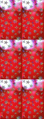 Flowers on red and pink colors. Sketch flowers pattern. Raster illustration. In asian textile style. Raster illustration.