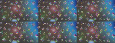 Raster floral pattern in doodle style with flowers. Gentle, summer floral background. Flowers on gray and blue colors.