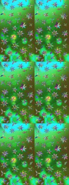 Parlak çiçekli kolaj çiçekleri yeşil ve mavi. Çiçekli zambakların eskiz geçmişi. Çiçek tasarımı için inanılmaz kolaj cennet tarzı..