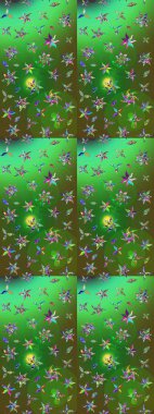 Raster Floral Illustration, Asyalı tekstil. Yeşil ve mavi renkli etnik çiçeklerle zarif bir eskiz deseni.