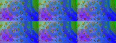 Sanat ilham verir ve menekşe tarzı çiçekler bırakır. Mavi ve mor el çizimi desen. Karalama çiçekleri çizim kalıbı. Raster deseni.