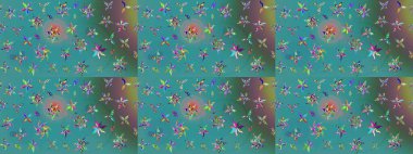 Zarif, parlak ve eskiz yeşil ve mavi çiçek desenli tasarım. Raster. Sabıka baskıları, bebek kıyafetleri, duvar kâğıtları, paket kutuları vb..