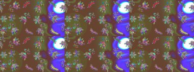 İşlemeli çiçekli, dikişsiz desen. Renkli grunge soyut arka planda colokahverengi, yeşil ve menekşe çiçekleri ile zenginleşir. İzler, kumaş, duvar kağıtları, tekstil için raster dokusu.