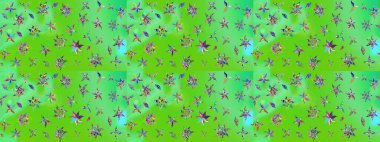 Ağaç dallı bahar çiçekli desen, çiçek siluetiyle yeşil ve mavi renkler. Raster deseni.