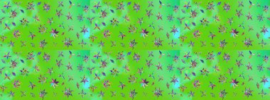 Ağaç dallı bahar çiçekli desen, çiçek siluetiyle yeşil ve mavi renkler. Raster deseni.