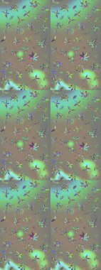 Çok renkli ve gri zarif küçük çiçekler ve bej ve gri renkli komik böcekler, raster desen, çizim.