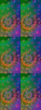 Raster illüstrasyonu. Çiçek süslemeli çizim deseni. Yeşil ve mavi renkte çiçekler.