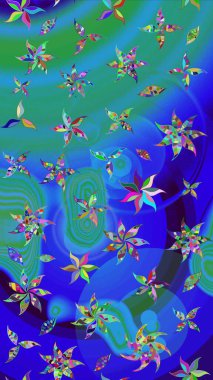 Raster illüstrasyonu. Mavi ve yeşil renkli Asya tekstili. Çiçek desenini çiz.