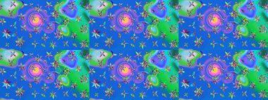 3D çiçekler, eskiz. Mavi ve yeşil renklerde. Raster illüstrasyonu.