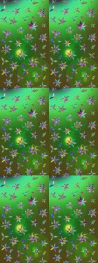 Raster Floral Illustration, Asyalı tekstil. Yeşil ve mavi renkli etnik çiçeklerle zarif bir eskiz deseni.