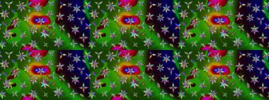 Gentle, spring floral on green and black colors. Raster floral pattern in doodle style with flowers and leaves. Raster illustration.