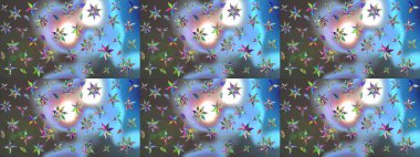 Suluboya elle çizilmiş çiçek desenli eskiz deseni. Parlak renkli fantezi çiçekleri, yapraklar, mavi ve gri renkli tomurcuklar, mavi ve gri.