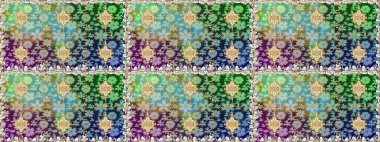 Yeşil renkler ve altın elementler üzerinde altın pürüzsüz desen. Noel, kar tanesi, yeni yıl. Yeşil renklerde ve altın elementlerle kusursuz klasik desen.