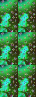 Elle çizilmiş çiçek desenli Raster çizimi. Tekstil, kumaş, ambalaj, hatıra defteri için hoş bir çiçek arkaplanı. Çocuksu tasarım. Yeşil ve gri arkaplanda.