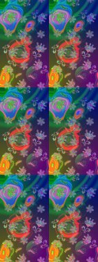 Çok yeşil zarif küçük çiçekler ve yeşil renkli komik böcekler, raster desen, illüstrasyon.