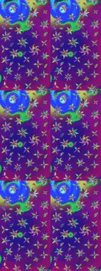 Kumaş desenli papatya çiçeği detayı. Mor ve mor renkte çiçekler.