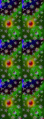 Raster illustration. Abstract sketch pattern with hand drawing flowers. Flowers on green and black colors.