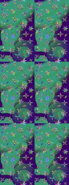 Raster illüstrasyonundaki çiçek desenli çizim. Suluboya tarzında mavi ve yeşil renkte çiçekler.