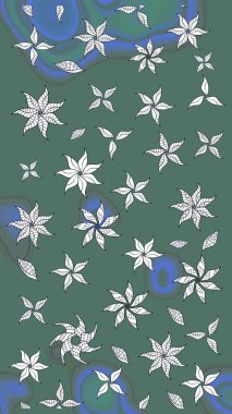 Düz Çiçek Elementleri Tasarımı. Renkli Bahar Teması eskiz kalıbı. Yeşil ve mavi renkte zarif çiçekli suluboya. Raster illüstrasyonu.