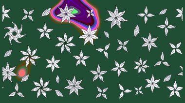 El çizimi çiçek unsurları olan soyut çizim raster deseni. 1950-1960 motifleri. Çiçekli ipek eşarp. Yeşil yeşile. Retro tekstil tasarım koleksiyonu.