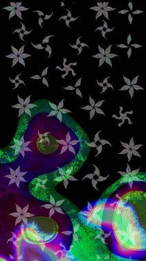 Raster Çiçek İllüstrasyonu 'nun şirin tekstili. Siyah renkli etnik çiçeklerle zarif eskiz deseni.