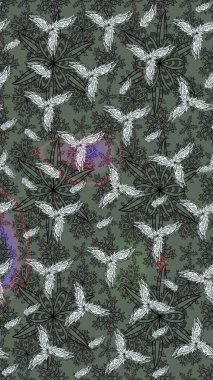 Raster illüstrasyonu. Yaprak ve çiçeklerin suluboya resimleri, gri renkte çizimler. Gri renkte bahar çiçekleri..