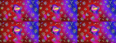 Düz Çiçek Elementleri Tasarımı. Renkli Bahar Teması eskiz kalıbı. Kırmızı ve mor renkli şirin çiçek desenleri. Raster Modaya uygun kumaş deseni.