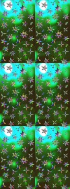 Raster illüstrasyonu. Çiçek desenli çizim. Asya tekstil tarzında. Yeşil ve gri renkli çiçekler. Raster illüstrasyonu.