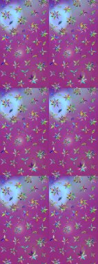 Manzaralı çiçek deseni. Sevgililer günü ve tebrik kartı konsepti için şık bir davetiye. Üst manzara, yumuşak mor ve mavi renk tarzı. Çiçek kompozisyonu, el boyası, hassas şablon..