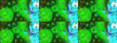 Çiçeksel çizim kalıbının yansıması. Vadinin çiçekleri yeşil ve mavi renklerde.