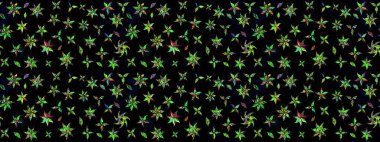 Çiçek ve yapraklı karalama şeklinde Raster çiçek deseni. Raster illüstrasyonu. Yumuşak, bahar çiçekleri siyah ve yeşil renklerde.