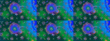 Raster illüstrasyonu. Kumaş, tekstil, duvar kağıdı baskısı için. Renkli desenli eskiz deseni, mavi ve yeşil çiçekler ve dekoratif elementler. Eski usul. Taslak arkaplan.