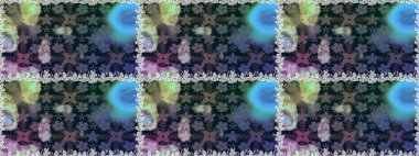 Raster deseni. Sanat ilham verici ve gri renkli çiçekler ve arkasında iz bırakır. Mavi ve gri el çizimi desen. Karalama çiçekleri kusursuz desen.