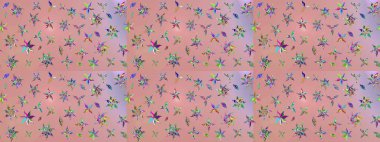 Küçük çiçekteki sevimli çiçek deseni. Varicoloneutral ve pembe raster çizimi. Birçok nötr ve pembe soyut çiçekli tropik çizim deseni.